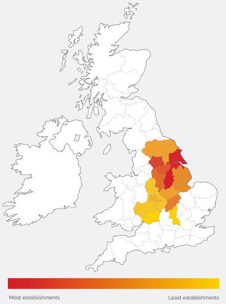 Heat map showing the distribution of Mansfield Brewery PLC establishments in the UK